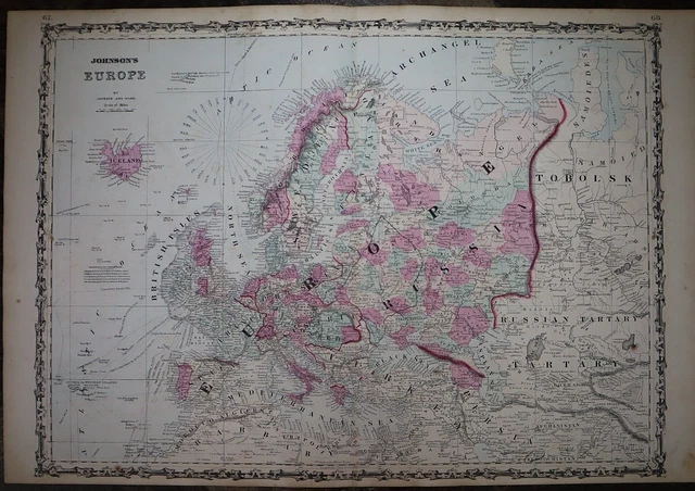 1862 Johnson's Atlas Map ~ EUROPE ~  (XL18x28)   Free S&H  -#855