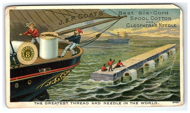 1870s-80s J & P Coats Trade Card Victorian Thread Cleopatra's Needle Ship Spool