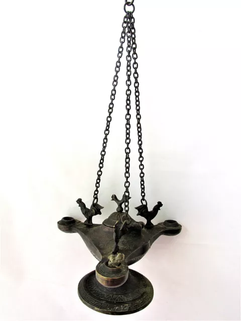 Antique Bronze  Byzantine Medieval  OIL LAMP with four birds 3