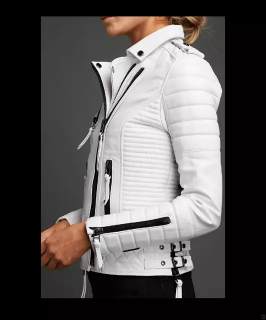 Women’s Motorcycle Biker Real Leather White Jacket Lambskin Leather Quilted Coat