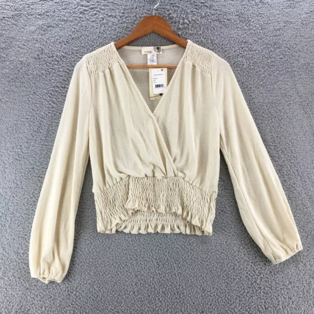 Everleigh Cropped Surplice Blouse Top Womens Large Beige Smocked Long Sleeve NWT