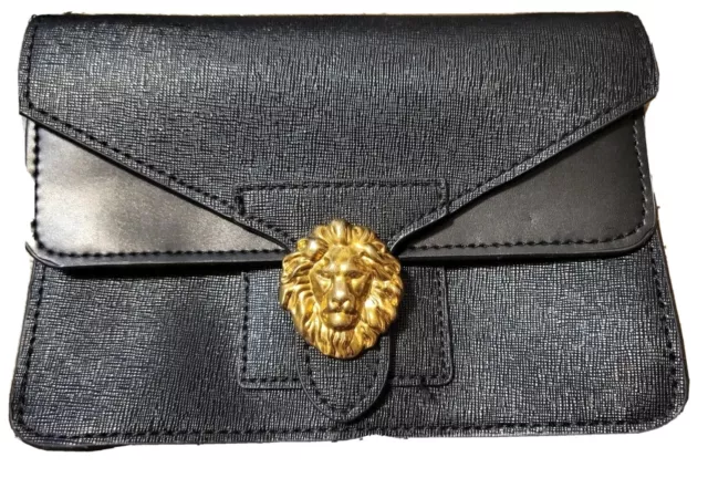 Anne Klein Diana Small Double Flap Bag Clutch Black Crossbody Gold Lion Logo EUC