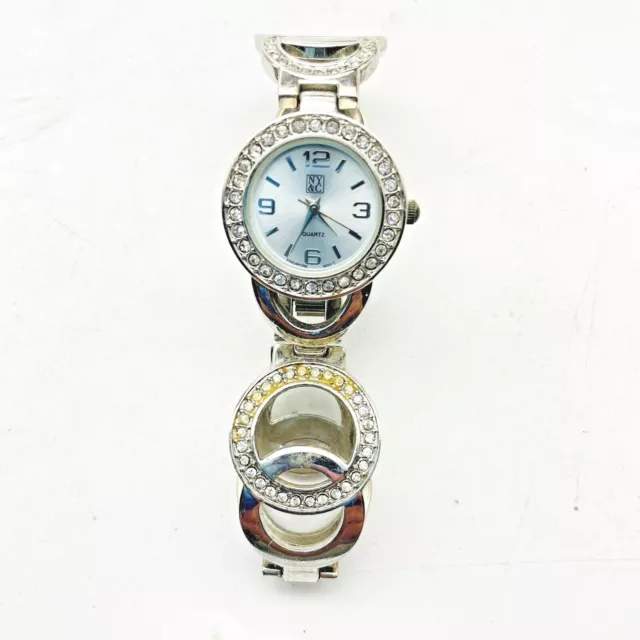 New York and Co Signed Wrist Watch Pave Crystal Bezel White Face Silver Tone