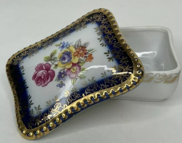 Vintage PM German Porcelain? Trinket Box Floral Design Cobalt Blue & Gold Trim