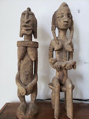 Antique Rare Lot Of 2 African Wood Carved Tribal Sculptures Art Artifacts Figure