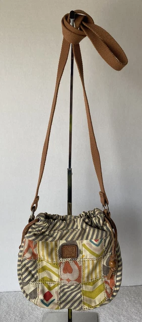 Fossil Patchwork Small Crossbody Purse Canvas Leather Trim Boho Hippie Vintage