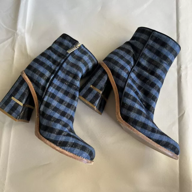 Tibi Gingham Nora Ankle Boots Leather Blue Black Made in ITALY Size 38 Designer