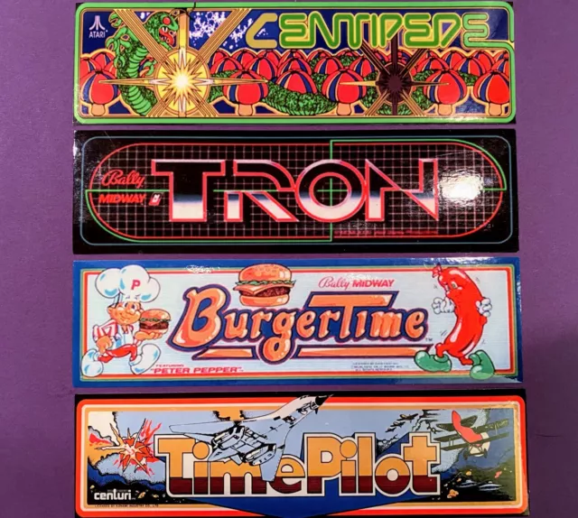 4 Pc MINI Arcade Marquee Stickers Centipede Tron BurgerTime TimePilot