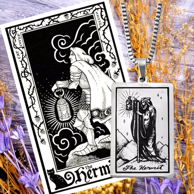 THE HERMIT Necklace Solid Stainless Steel Silver Tarot Card Drop Pendant Chain