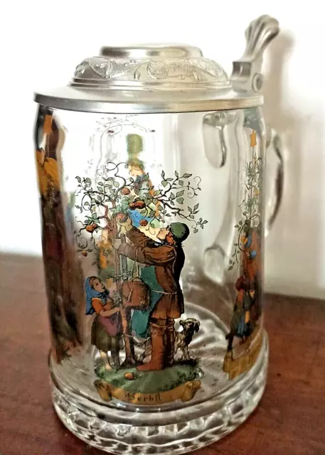 Boccale da birra in vetro Austria vintage con coperchio in peltro