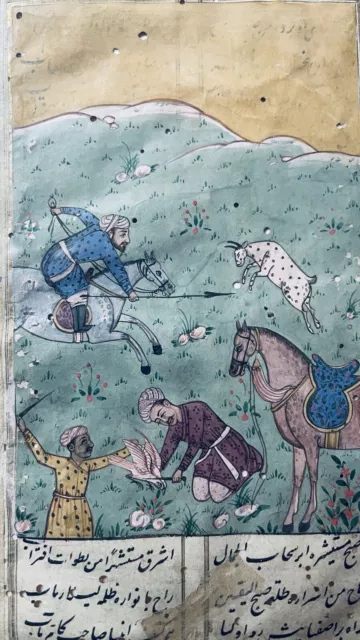 Persian Indian Mughal style miniature painting a hunting scene with horseman