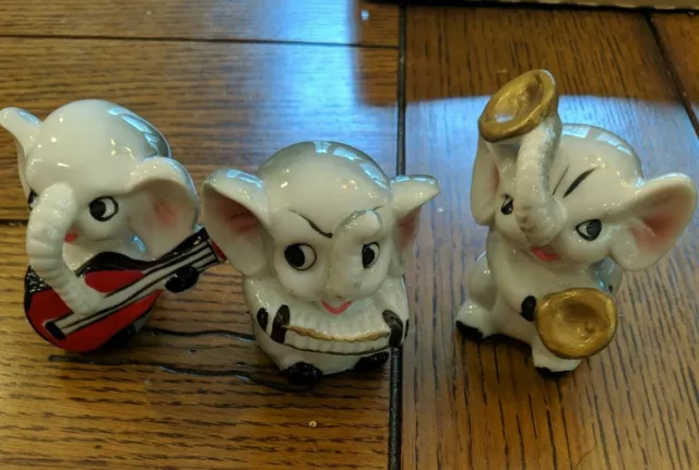 3 Small Vintage White Porcelain Elephant Figurines In A Musical Band 2.75" Tall.