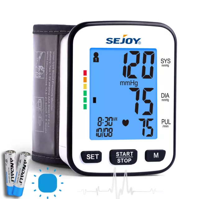 SEJOY Automatic Blood Pressure Monitor Wrist Digital Backlit Heart Rate Machine