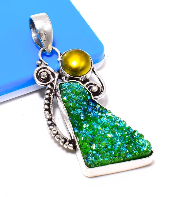 Green Titanium Druzy Gemstone 925 Sterling Silver Pendant Jewelry 2.50"PEN-687