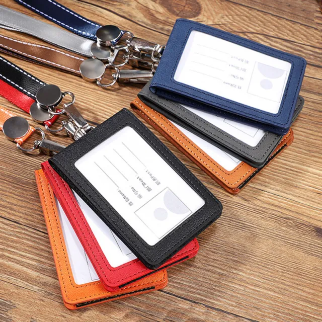 Leather Id Holders Case PU Card Holder with Neck Strap Lanyard For School Office