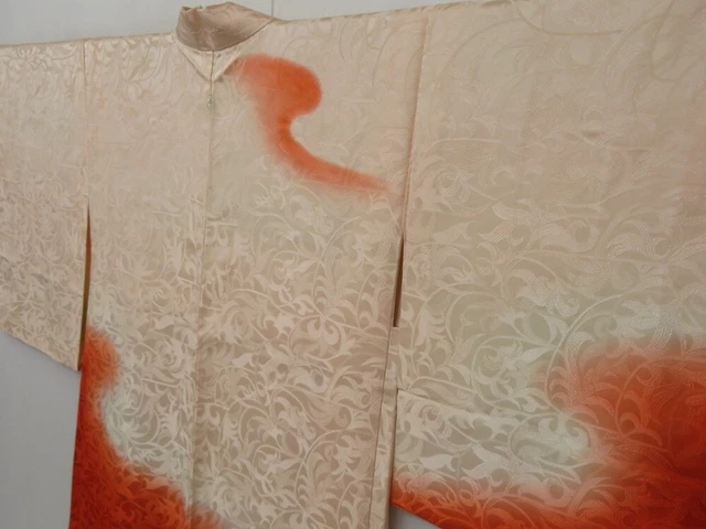 1621T03z610 Vintage Japanese Kimono Silk HAORI Plants Light peach