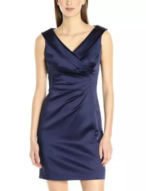 Tahari ASL Surplice Ruched Sheath Dress Sz 8 Navy Blue Satin Wedding Classicore