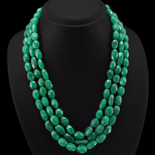 Most Genuine 724.00 Cts Natural Green Emerald 3 Line Oval Beads Necklace (Rs)