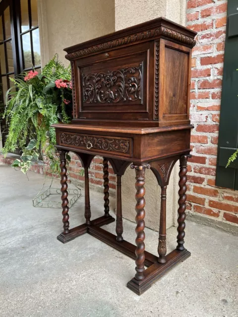 Antique French Carved Secretary Petite Writing Desk Barley Twist Louis XIII