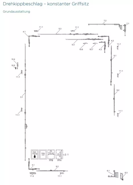 Reparaturbeschlag DK-Fenster Kunststoff konstant FFB 1476-1725  x FFH 851-945mm