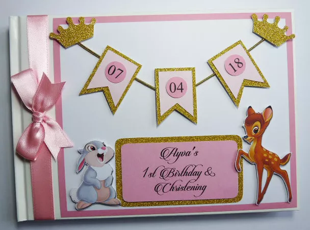 Personalised Bambi girls birthday guest book, gold and pink bambi album, gift