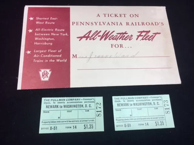 1941 Pennsylvania Railroad 2 Train Ticket Stubs & Envelope, Newark To Wash Dc