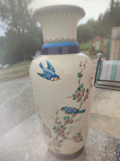 Ancien et grand vase en émaux de Longwy signé 42cm Email Bleu Céramique Faience