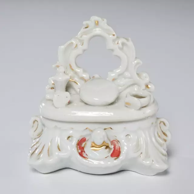 Antique Victorian German Porcelain Fairing Gift Dressing Table Vanity Box, 3.25"