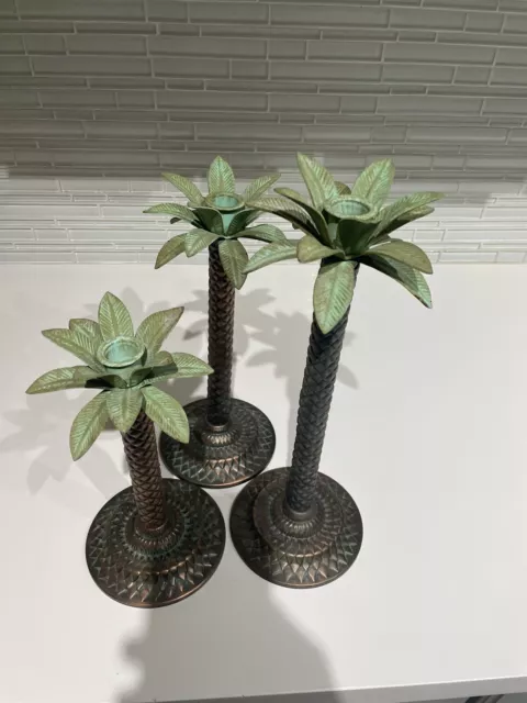 Trio 3 Metal Tropical Palm Tree Taper Candle Holders 10 12 14 Inch