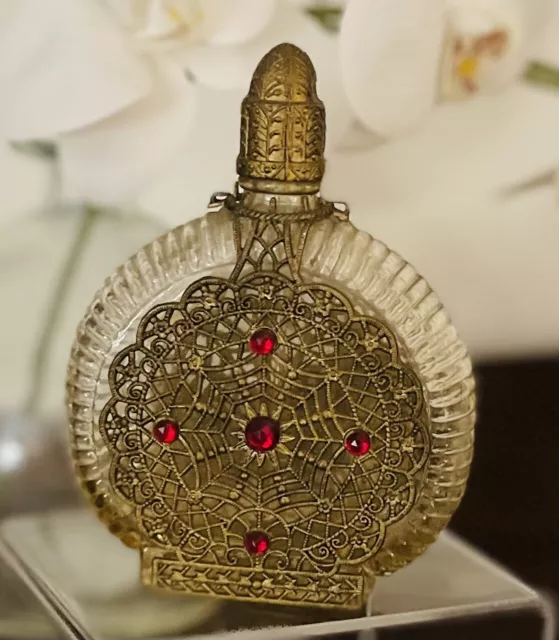 Antique Czech Perfume Bottle Gold Spider Filigree Ruby Jewels Glass Dauber.