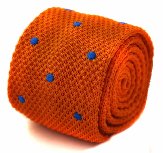 Frederick Thomas Knitted Silk Mens Tie - Burnt Dark Orange - Blue Polka Dot