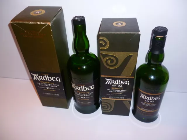 Lot x 2 Collectable Empty Ardbeg Single Malt Scotch Whisky Bottles With Cartons