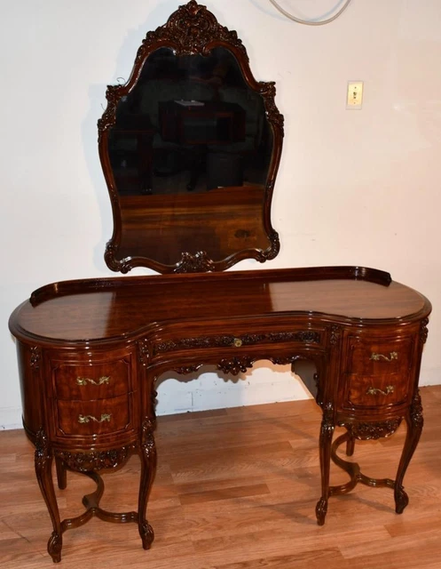 1920 Antique French Louis XV carved Walnut Vanity ladies Desk Mirror & Chair SET 13