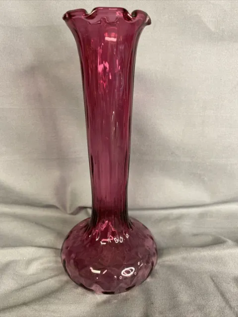 Vintage Pilgrim Cranberry Glass Swirl Bud Vase Bedford Ruffle 7" Pink Magenta
