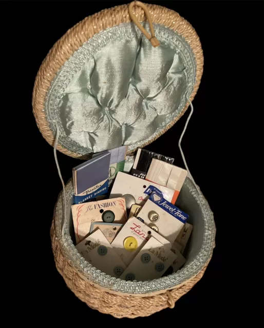 Vintage Round Floral Wicker & Green Satin Sewing Basket w NOS Buttons on Cards