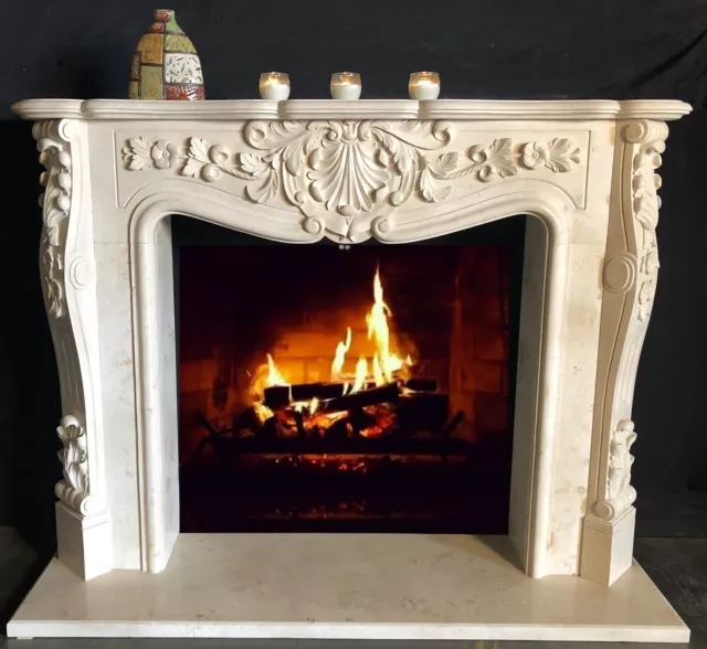 Fireplace Mantle SURROUND -  French Design - LIGHT REAL LIMESTONE - Hand Carved