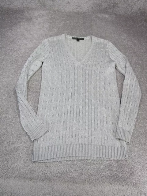 Ralph Lauren Black Label Sweater Womens Medium Silver Cable Knit Pullover V Neck