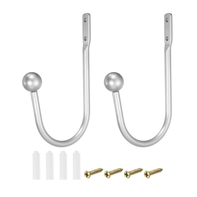 2Pcs Aluminum Alloy Wall Mounted Curtain Holdback U Shaped Drapery Hooks, Silver