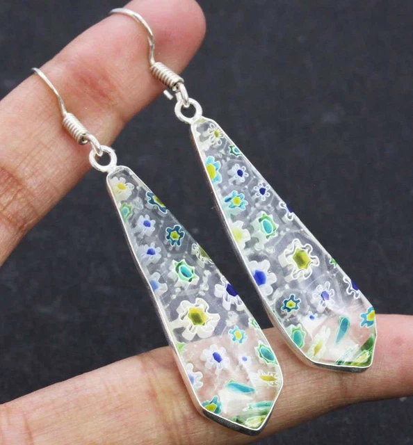 Dichroic Glass 925 Silver Plated Handmade Earrings of 2.3" Ethnic Gift