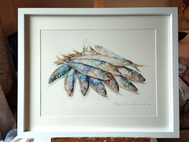 Small fish catch. Some sardines. Original watercolor painting