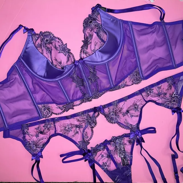 Victoria's Secret Push Up Bra 4 piece Set Fishnet Stockings Garter Purple