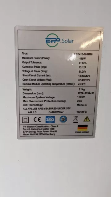 EPP Solar PV Modul 410 Watt 31.25 Volt  13.12 Ampere