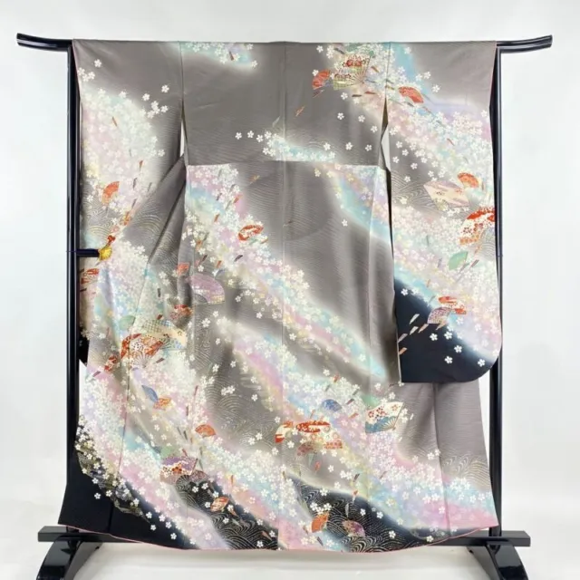 Japanese Kimono Furisode Pure Silk Folding Fan Cherry Blossom Gold Thread Gray