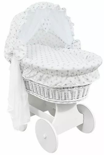 White Wicker Wheels Crib/baby Moses Basket+ Bedding Grey Stars On White/cotton