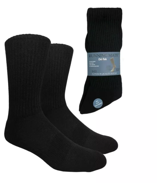 Mens Crew Socks Dri-Tek 2 Pair Pack Black Size 10-13 RUNNING MATE - NWT