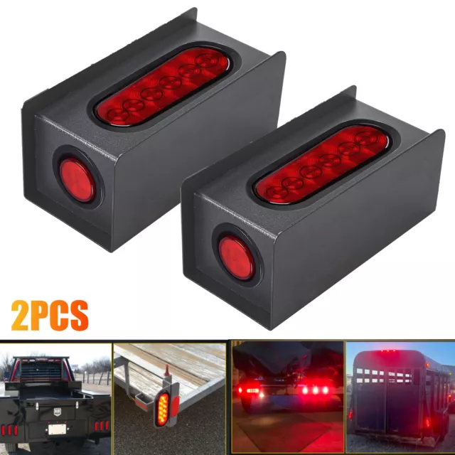 2pc Trailer/Truck Red 6" Oval Tail + 2" Marker LED Lights With Housing Steel Box