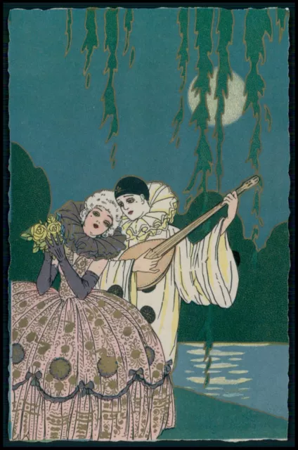 unsigned Meschini pierrot moon love romance art Deco original old c1920 postcard