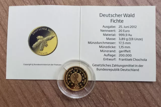 20 Euro Goldmünze Deutscher Wald 2012 Fichte D - München