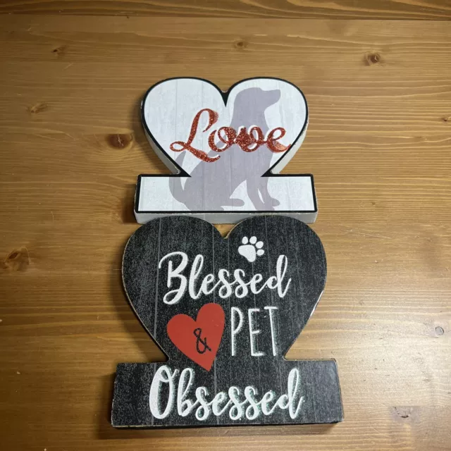 Dog Lover's BLESSED & PET OBSESSED & LOVE WOODEN PLAQUE NEW SET