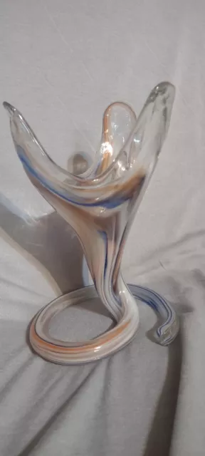 MCM Sooner Art Glass Tulip Trumpet Vase Green Swirl Coiled Base Handblown "7 1/2